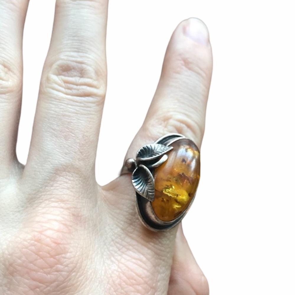 Vintage Large Amber Oval Silver Leaf Ring
